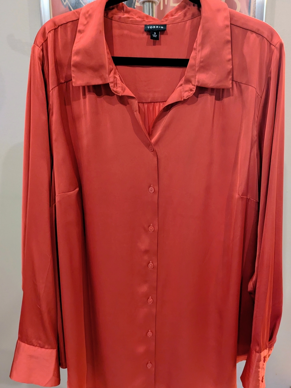 $15 Torrid Size 3X Rust Copper Satin Button Up Long Sleeve Silky Blouse Top  EUC